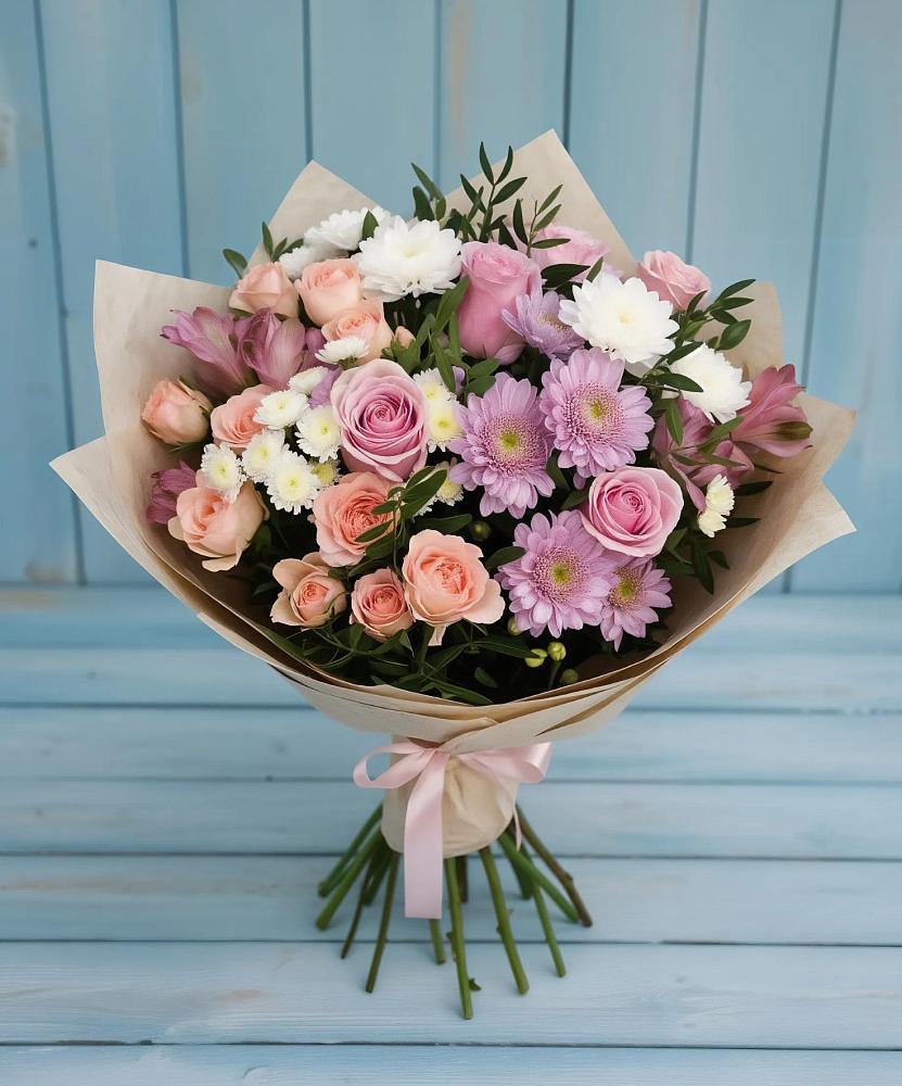Букет цветов из: Хризантемы, Розы и Альстромерии в Брюховецкой