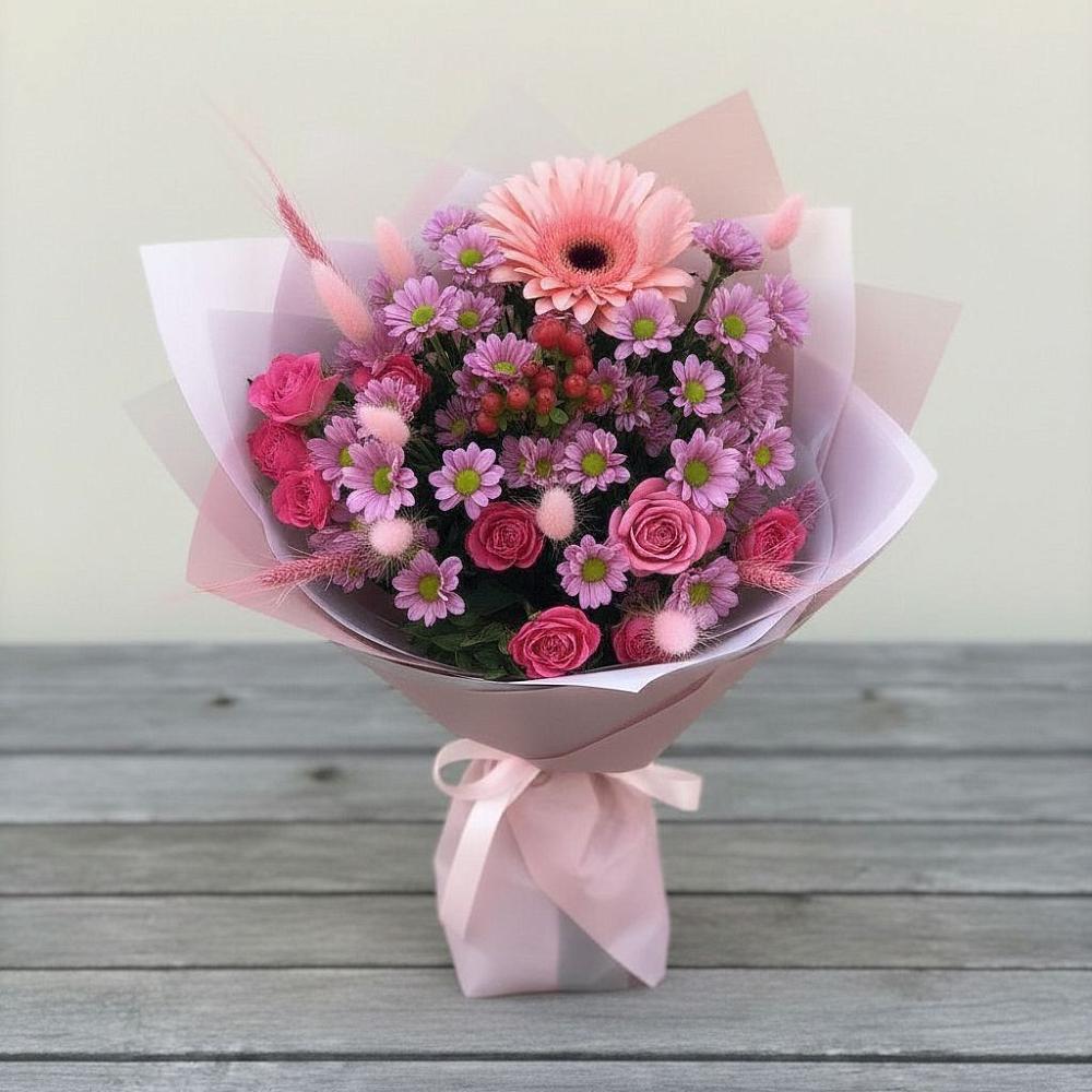 Букет цветов из: Розы, Герберы и Хризантемы в Брюховецкой