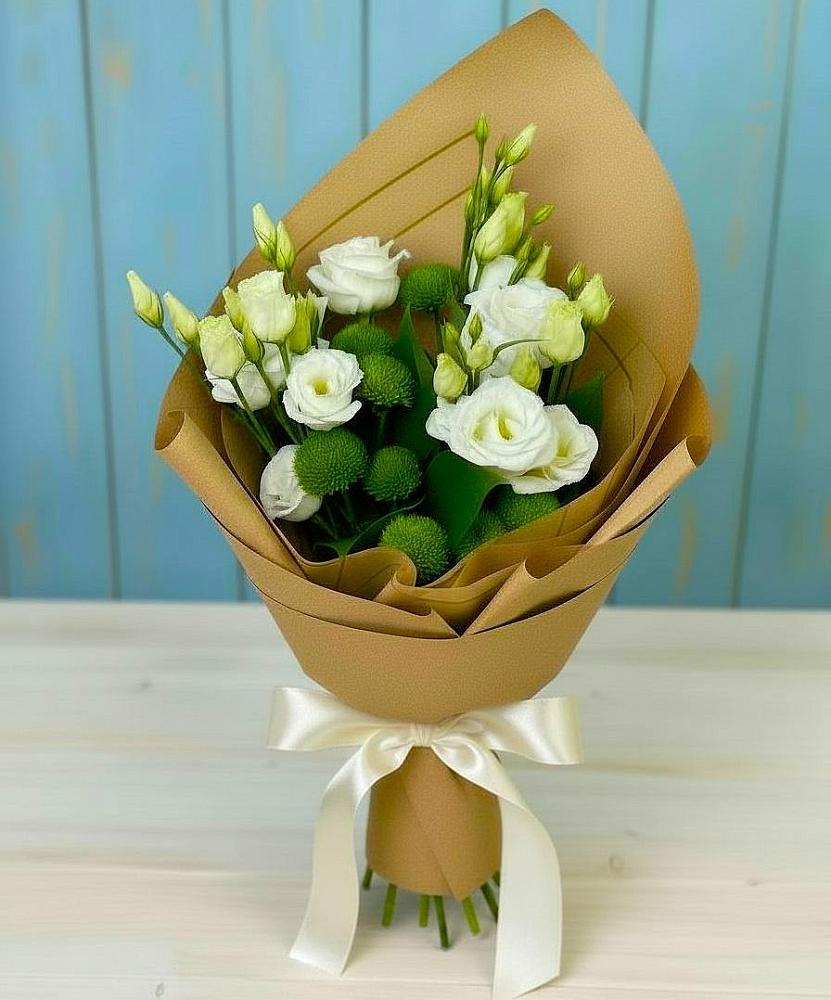 Букет цветов из: Хризантемы и Лизиантусы в Брюховецкой