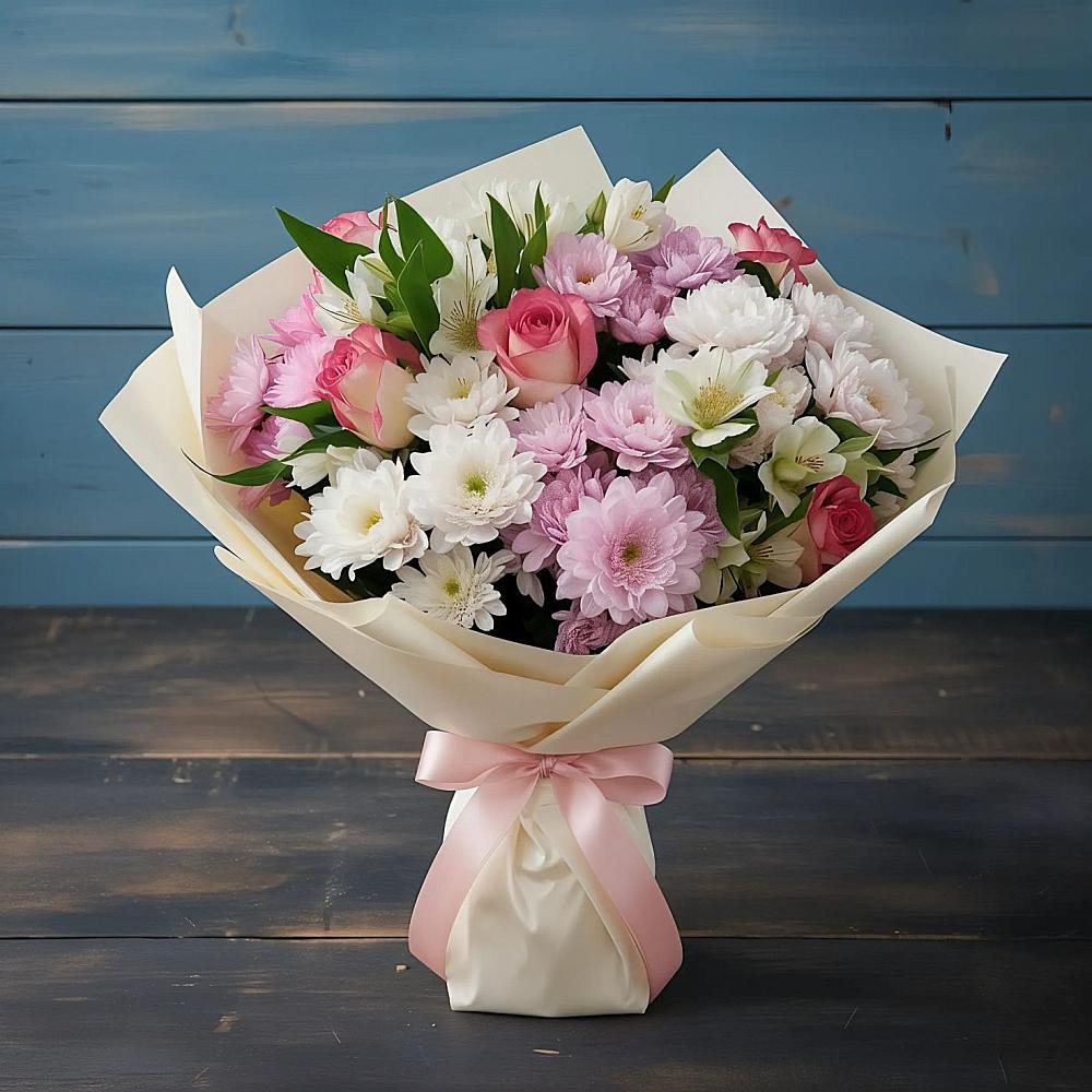 Букет цветов из: Хризантемы, Альстромерии и Розы в Брюховецкой